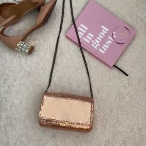 New J. Crew Rose Gold Sequin Party Clutch Crossbody‎ Bag Chain Strap Small